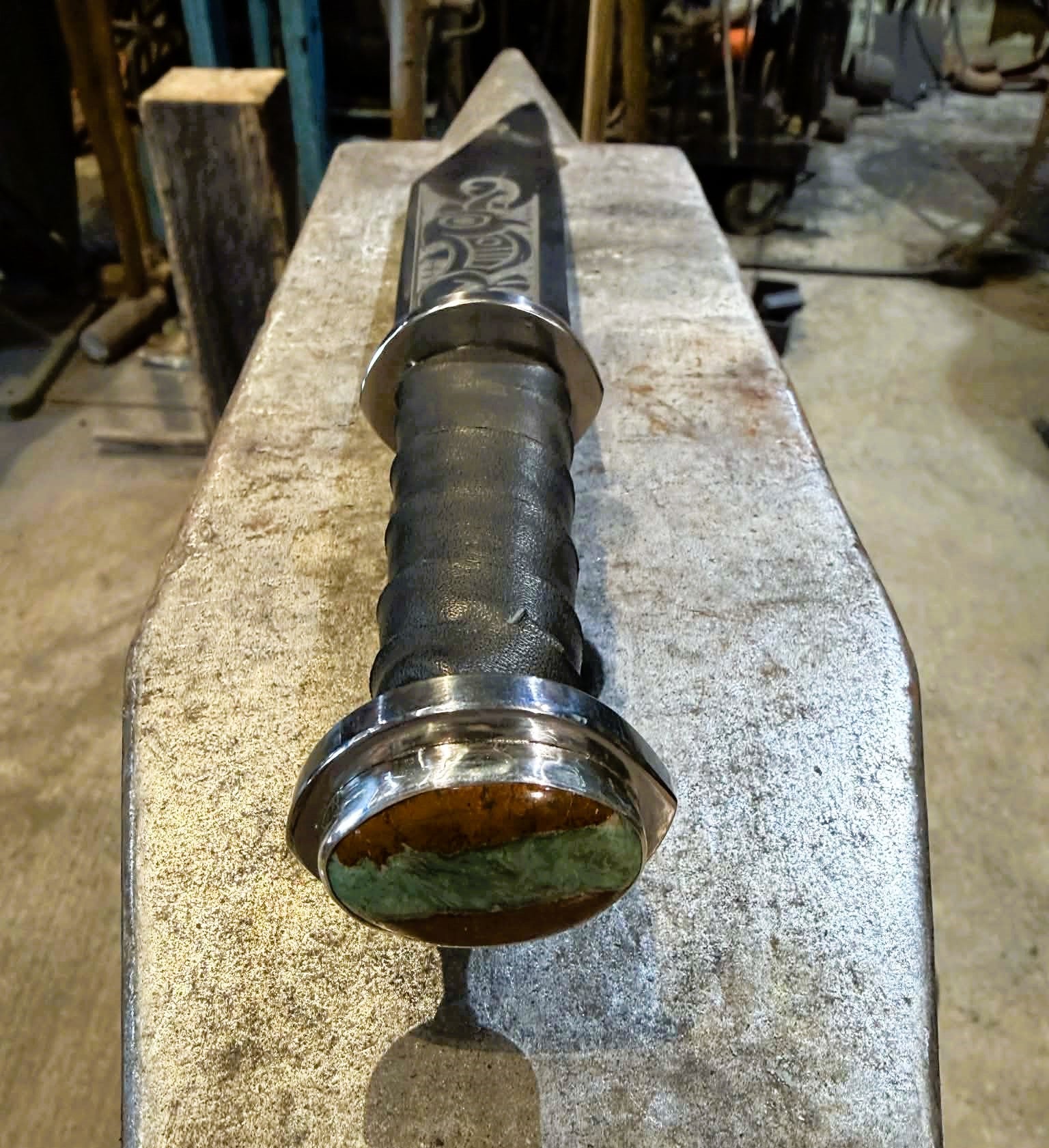 Engraved 12" Seax with gemstone