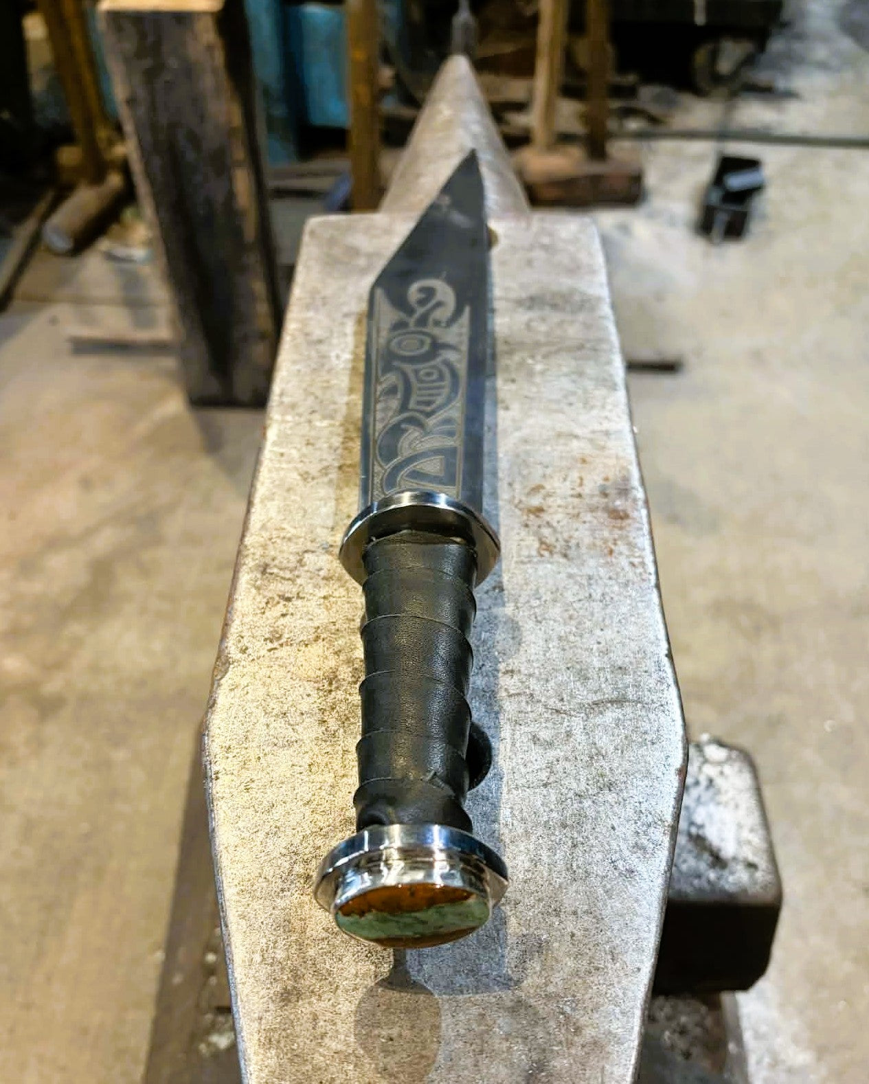 Engraved 12" Seax with gemstone